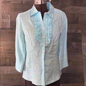 Tracy M. Blue Linen Button Down Blouse With Ruffle Top size Medium